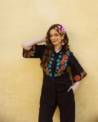 Black Floral Embroidered Cotton Co-ord Set