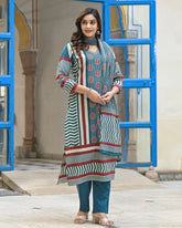 Teal Blue Ajrakh Print Cotton Kurta Set with Dupatta