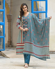 Teal Blue Ajrakh Print Cotton Kurta Set with Dupatta