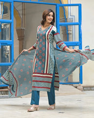 Teal Blue Ajrakh Print Cotton Kurta Set with Dupatta