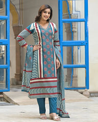 Teal Blue Ajrakh Print Cotton Kurta Set with Dupatta