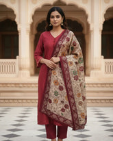 Deep Maroon Dola Silk Kurta Set with Madhubani Dupatta