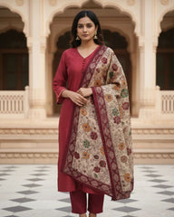 Deep Maroon Dola Silk Kurta Set with Madhubani Dupatta