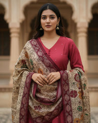 Deep Maroon Dola Silk Kurta Set with Madhubani Dupatta