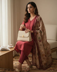 Deep Maroon Dola Silk Kurta Set with Madhubani Dupatta