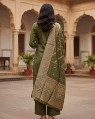 Olive Grove Dola Silk Kurta Set with Hand Embroidery & Banarasi Dupatta