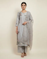 Silver grey dola silk hand embroidered suit set