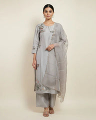 Silver grey dola silk hand embroidered suit set