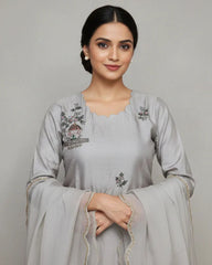 Silver grey dola silk hand embroidered suit set