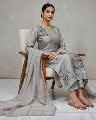Silver grey dola silk hand embroidered suit set