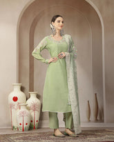 Pistachio Green Mul Chanderi Embroidered Kurta Set with Dupatta