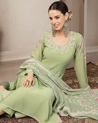 Khushi-Pistachio Green Mul Chanderi Embroidered Kurta Set with Dupatta