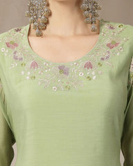 Khushi-Pistachio Green Mul Chanderi Embroidered Kurta Set with Dupatta
