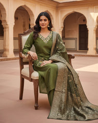 Olive Grove Dola Silk Kurta Set with Hand Embroidery & Banarasi Dupatta