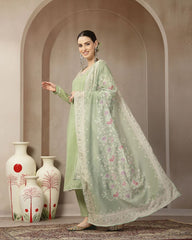 Khushi-Pistachio Green Mul Chanderi Embroidered Kurta Set with Dupatta
