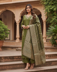 Olive Grove Dola Silk Kurta Set with Hand Embroidery & Banarasi Dupatta