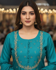 Emerald green Muslin Silk Kurta Set with Banarasi Dupatta