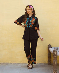 Black Floral Embroidered Cotton Co-ord Set