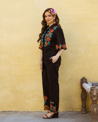 Black Floral Embroidered Cotton Co-ord Set