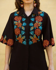 Black Floral Embroidered Cotton Co-ord Set