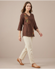 Ruhi- Mocha Brown Cotton Top with Floral Embroidery