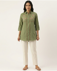 Siya- Olive Green Cotton Top with Floral Embroidery & Red Stitch Detailing
