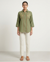 Siya- Olive Green Cotton Top with Floral Embroidery & Red Stitch Detailing