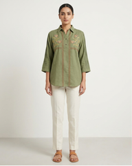 Siya- Olive Green Cotton Top with Floral Embroidery & Red Stitch Detailing
