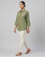 Siya- Olive Green Cotton Top with Floral Embroidery & Red Stitch Detailing