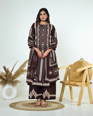 Saanvi-Dark Chocolate Brown Ajrakh-Inspired Printed Cotton Suit Set