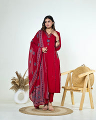 Kashvi-Deep Reddish Maroon Kutchi Cotton Suit Set