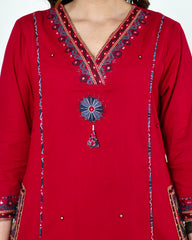 Kashvi-Deep Reddish Maroon Kutchi Cotton Suit Set
