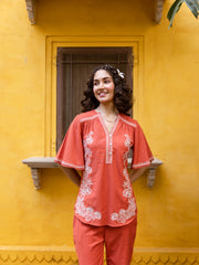 Rust Terracotta Cotton Co-ord Set with White Floral Embroidery