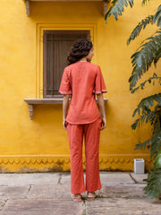 Rust Terracotta Cotton Co-ord Set with White Floral Embroidery