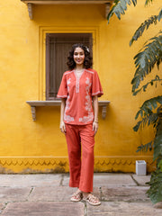 Rust Terracotta Cotton Co-ord Set with White Floral Embroidery