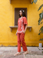 Rust Terracotta Cotton Co-ord Set with White Floral Embroidery
