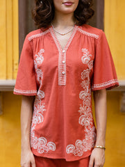 Rust Terracotta Cotton Co-ord Set with White Floral Embroidery