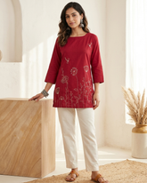 Diya- Ruby Rose Cotton Short Kurti with Botanical Embroidery
