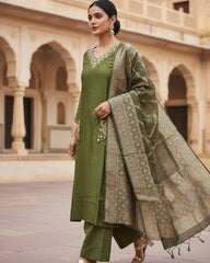 Olive Grove Dola Silk Kurta Set with Hand Embroidery & Banarasi Dupatta