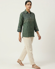 Ira - Olive Green Printed Casual Cotton Shirt for Women