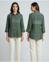 Ira - Olive Green Printed Casual Cotton Shirt for Women