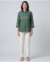 Ira - Olive Green Printed Casual Cotton Shirt for Women