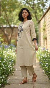 Zaria – Beige Bloom Cotton Kurta Set