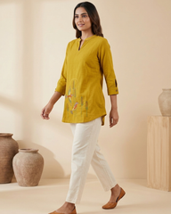 Meher- Mustard Yellow Cotton Short Kurti with Bird Embroidery