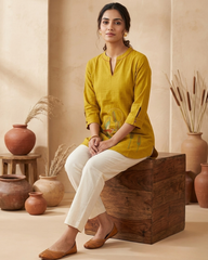 Meher- Mustard Yellow Cotton Short Kurti with Bird Embroidery