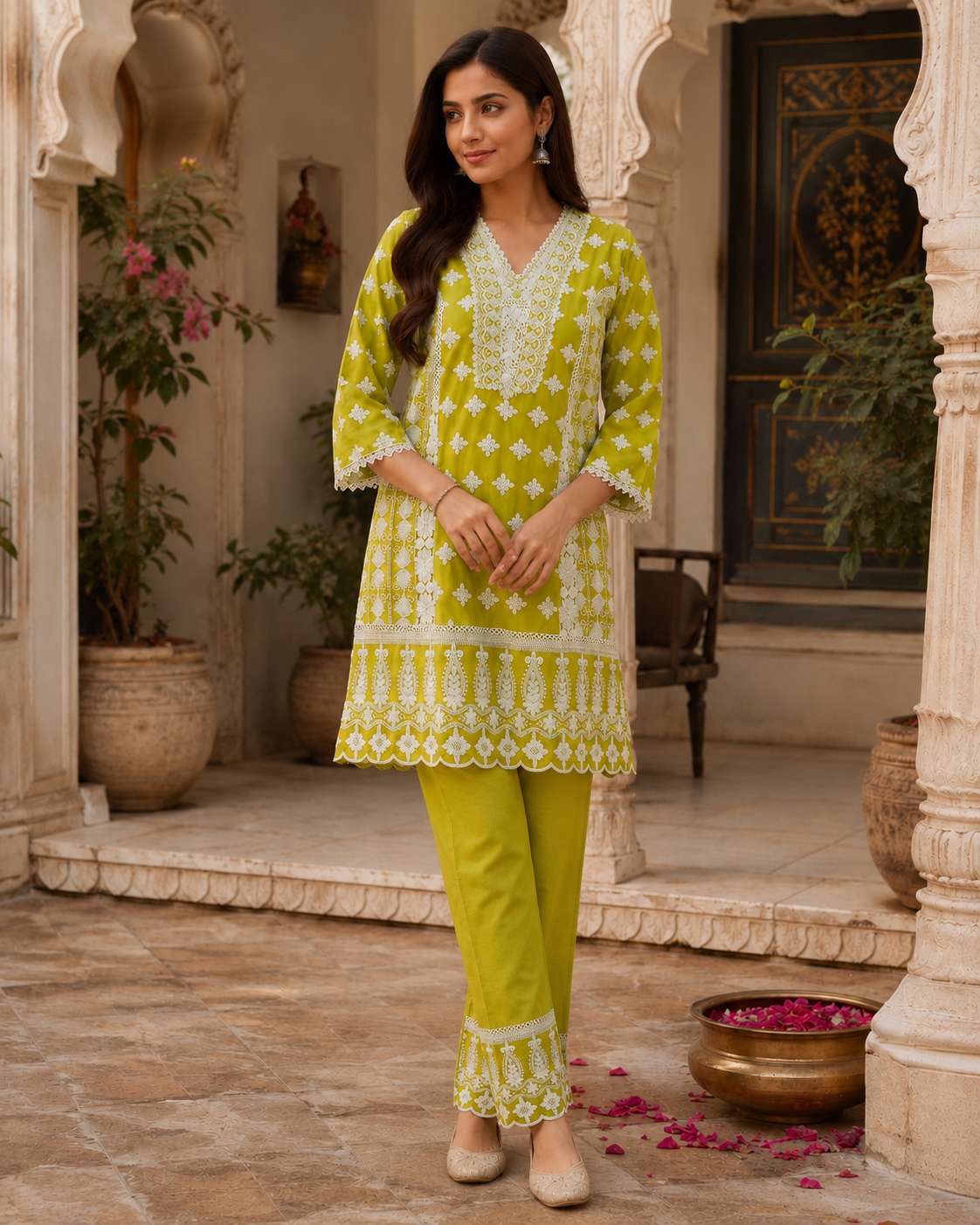 Chikankari Lime Green Mul Cotton Co-ord Set