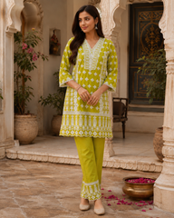 Chikankari Lime Green Mul Cotton Co-ord Set