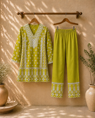 Chikankari Lime Green Mul Cotton Co-ord Set