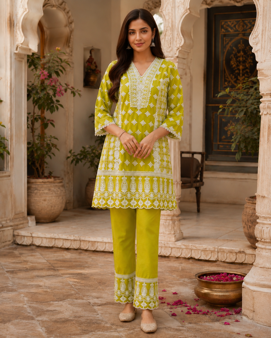 Chikankari Lime Green Mul Cotton Co-ord Set