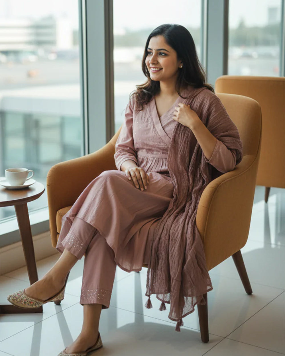 Aarohi- Dusty Pink Mul Cotton Angrakha Suit Set